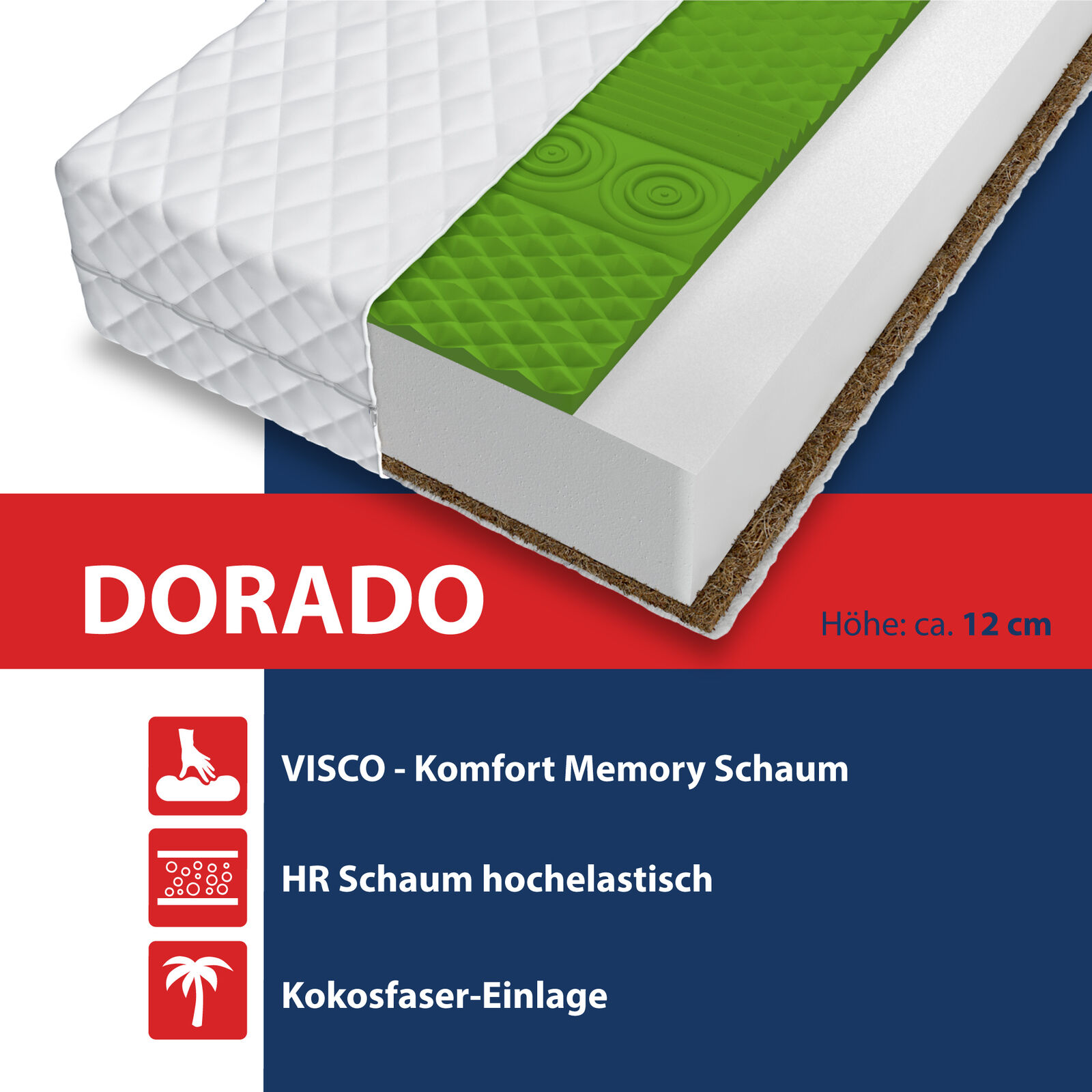 Matratze 120x200 DORADO HR-Kaltschaum Kokos