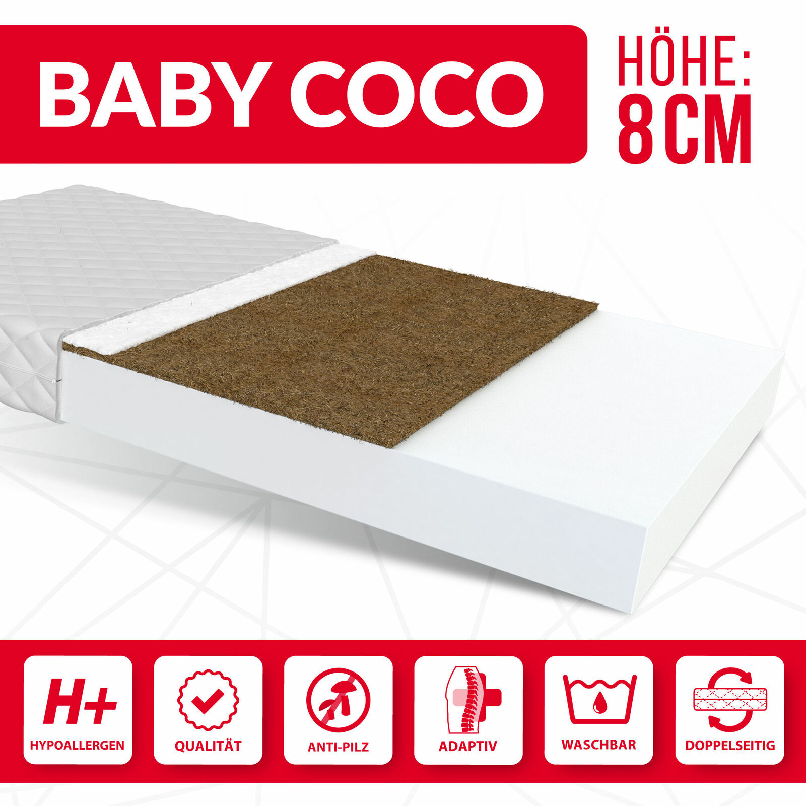 Kindermatratze 80x160 BABY COCO Kokos Kaltschaum beidseitig